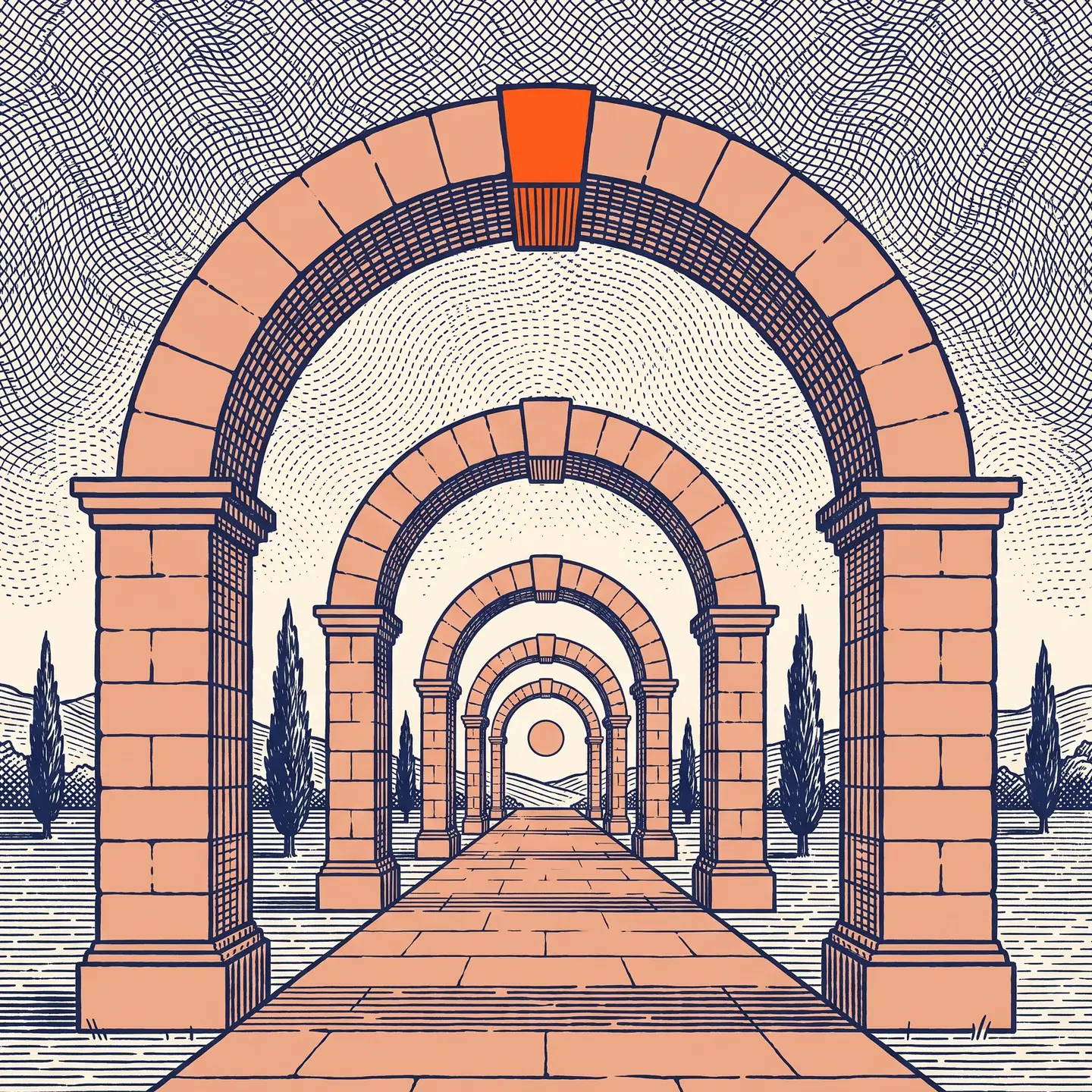 Gravur: eine Allee klassischer Torbögen bis zum Horizont, der vorderste mit orangem Schlussstein.