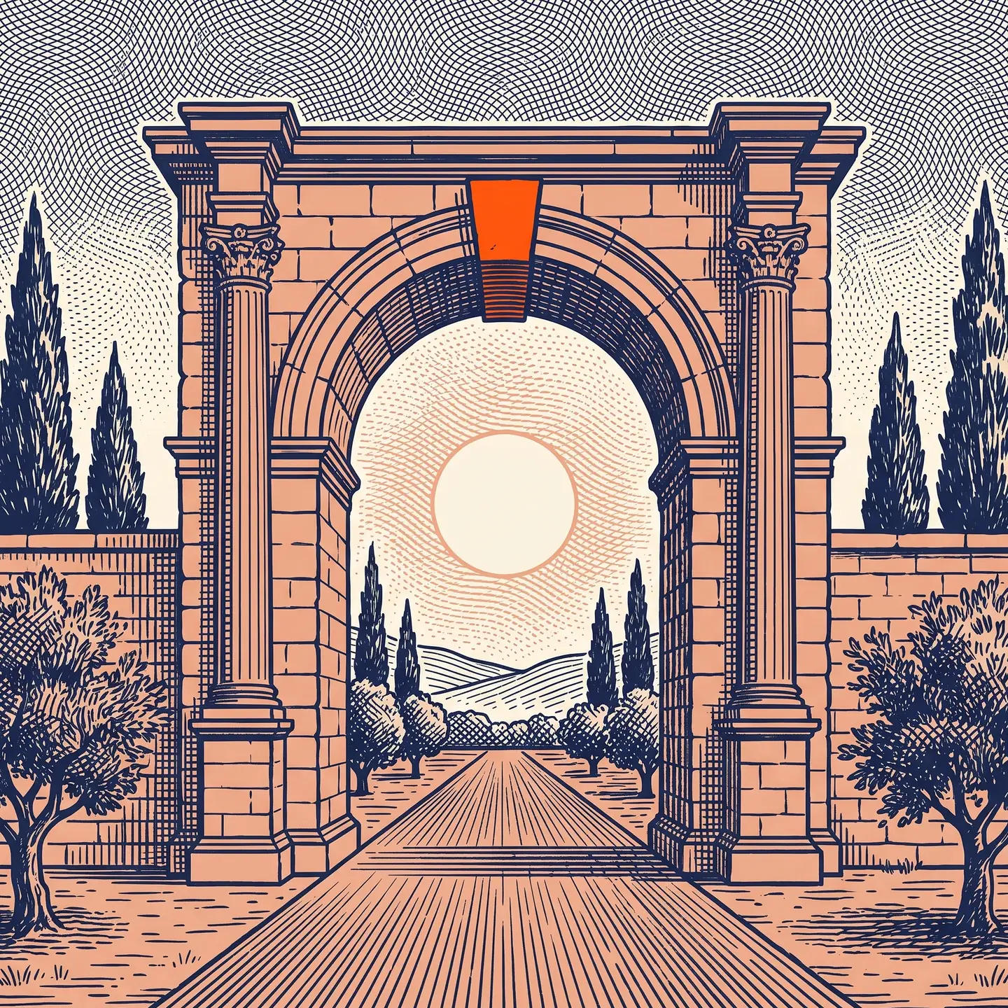 Gravur: ein klassischer Triumphbogen mit orangem Schlussstein, durch den die Abendsonne scheint.