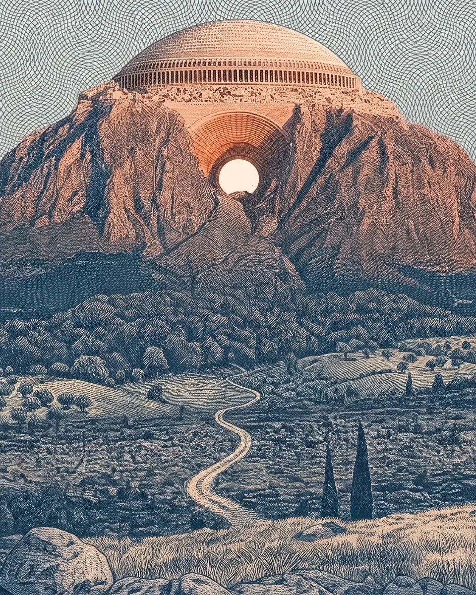 Gravur: ein Tafelberg im Abendlicht mit einer Kuppel auf dem Gipfel. Hoch oben zwischen den Felsen öffnet sich ein Tor, durch das die Sonne scheint. Davor Olivenhaine, Zypressen und ein Weg, der zum Berg führt.