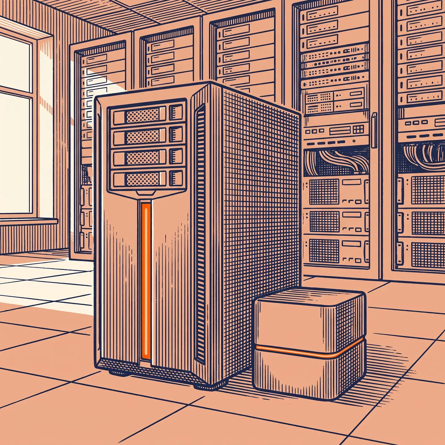 Gravur: ein Tower-Server mit vier Einschüben und oranger Lichtleiste in einem Serverraum, daneben die kleinere KI-Kiste.