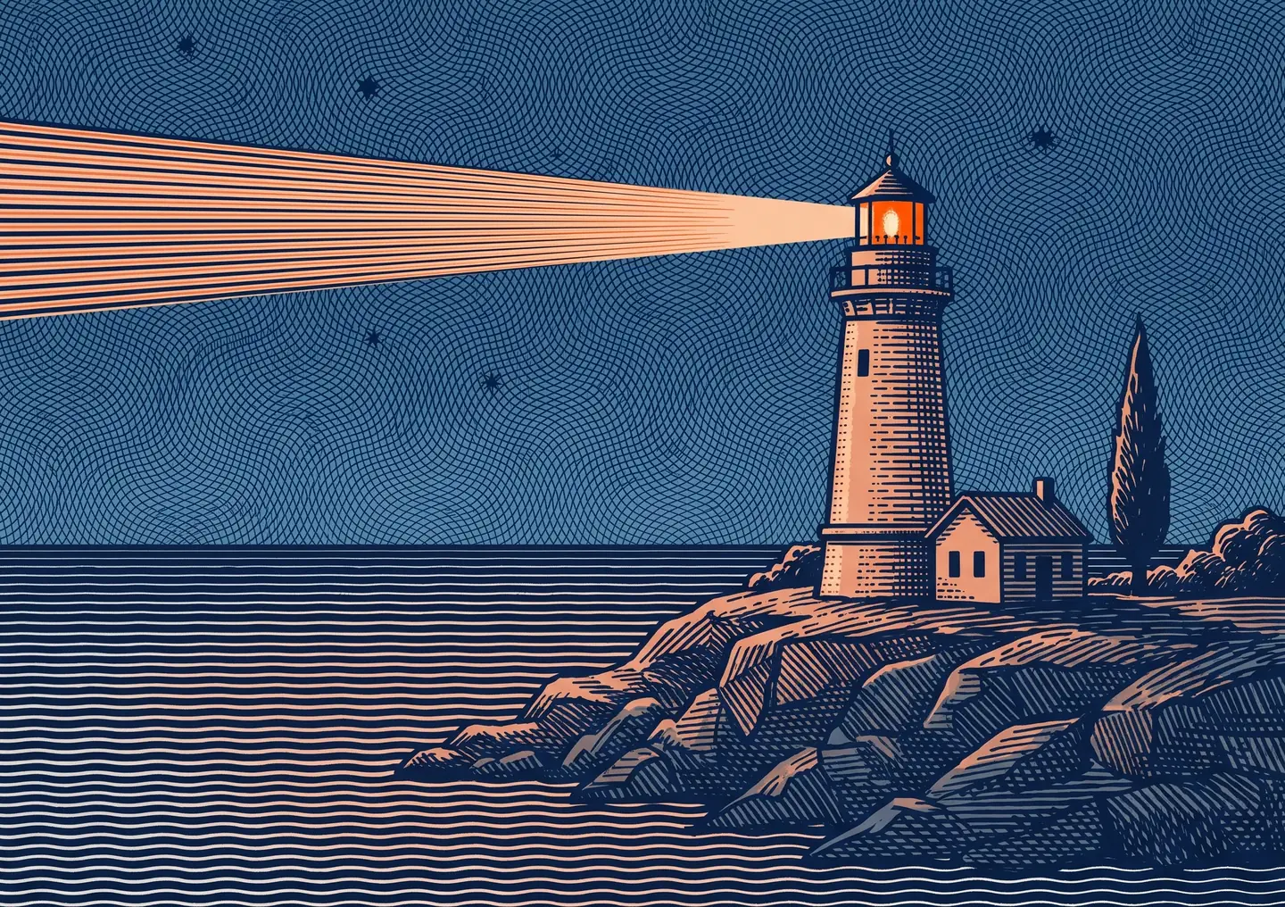 Gravur: ein Leuchtturm in der Abenddämmerung, dessen oranger Lichtkegel über das Meer streicht.