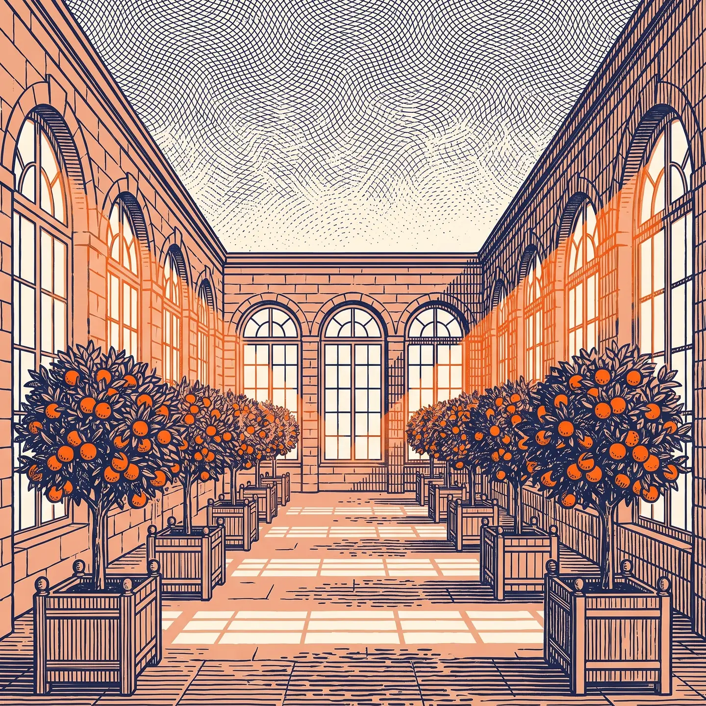 Gravur: eine sonnige Orangerie mit hohen Bogenfenstern. Darin stehen Reihen kleiner Orangenbäume voller Früchte in gleichen Holzkübeln.